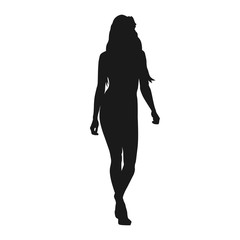 Sexy woman walking forward, isolated vector silhouette. Fashion model, catwalk