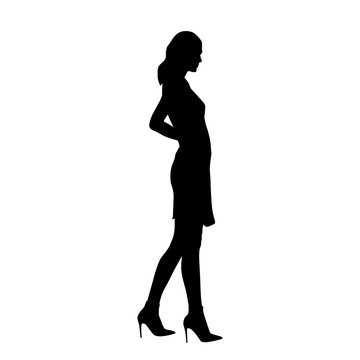 recommend clip art: Young slim girl in short summer dress standing, profile, side view. Isolated vector silhouette