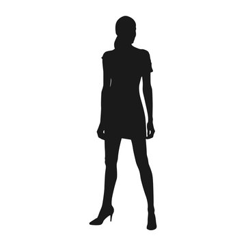 recommend clip art: Slim young woman standing with crooked legs. Gril wearing short summer dress, front view. Isolated vector silhouette