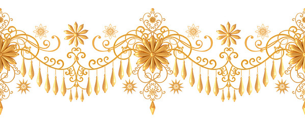 Seamless pattern. Golden textured curls. Oriental style arabesques. Brilliant lace, stylized flowers. Openwork weaving delicate, golden background.