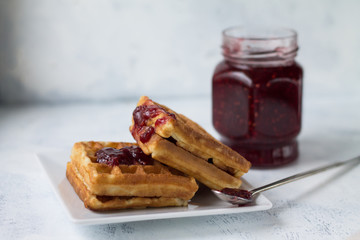 waffles with raspberry jam for Breakfast tasty and healthy