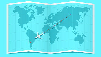 World map with airline route, Paper world map, the plane flies to its destination , international flights, dotted line air path. Vector illustration