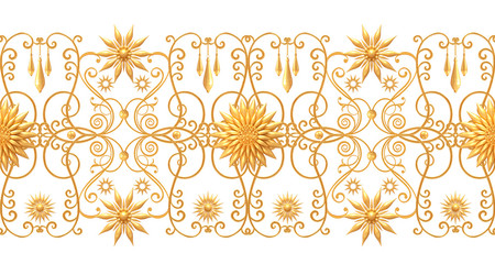 Seamless pattern. Golden textured curls. Oriental style arabesques. Brilliant lace, stylized flowers. Openwork weaving delicate, golden background.