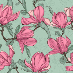 Seamless pattern with beautiful spring magnolia flowers on a green background. © j_bunina
