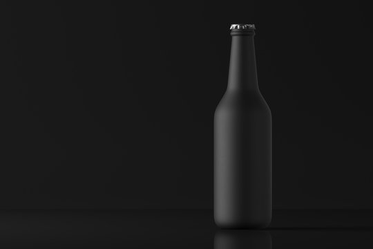 Beer bottle matte black on a dark background. Mock up. 3d rendering