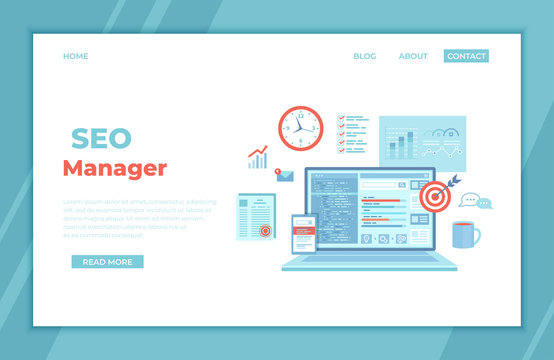 SEO Manager, Key Management, Content marketing. Coordinating and implementing search engine marketing programs. Laptop with web page and program code, icons. landing page template web banner. Vector