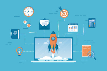 Business project startup, financial planning, idea, strategy, management, realization, success. Rocket launch from laptop, business plan, target, calendar, notebook, message, book. Vector