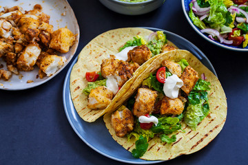 Fish tacos with spicy cod and avocado