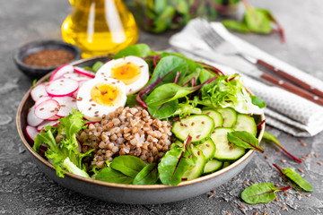 Buddha bowl dish with buckwheat porridge, boiled egg, fresh vegetable salad of radish, cucumber, lettuce and chard leaves. Healthy lunch menu