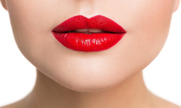 Lips Beauty Closeup, Woman Face Make Up and Red Lipstick Close Up