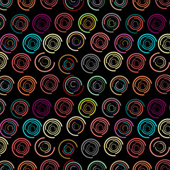 colorful modern circles and arcs repeating pattern over black background. for textile, fabric, wallpaper, backgrounds, backdrops and creative surface design templates. pattern swatch at eps file