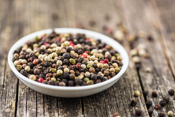 Different types of dried peppercorn.