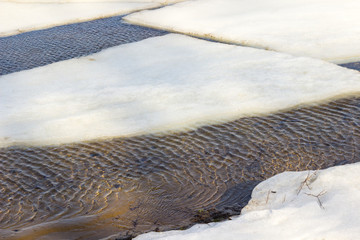 Ice floes on the river, ripples on the water. The beginning of spring