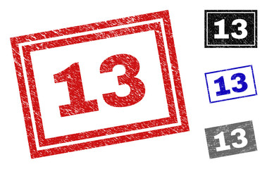 Grunge 13 rectangle stamp seals isolated on a white background. Rectangular seals with grunge texture in red, blue, black and gray colors. Vector rubber watermark of 13 title inside rectangle frames.
