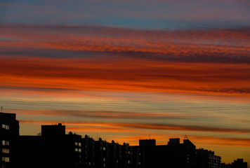 Bright February dawn in St. Petersburg. Colorful winter sky.