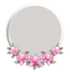 Hand drawn painting watercolor pencils and paints pink magnolia flowers isolated on white background