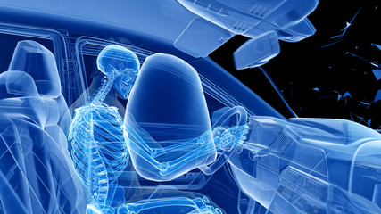 3d rendered illustration of two colliding cars - illustrating the effect of an impact with airbag