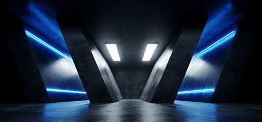 Sci Fi Futuristic Neon Glowing Triangle Shaped Blue Lines Grunge Concrete Reflective Texture Dark Empty Space Dance Stage Hall Room 3D Rendering