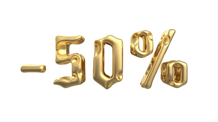 The sign -50off. Made of gold metal isolate on white background. 3d illustration