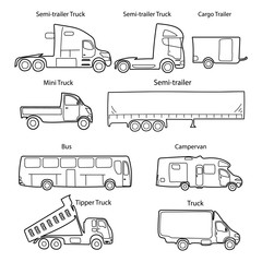 Big set of trucks body types with text. Simple black outline car icon for your design. Vector illustration