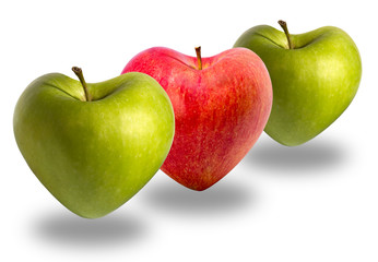 Three apples in heart shape, isolated on white background