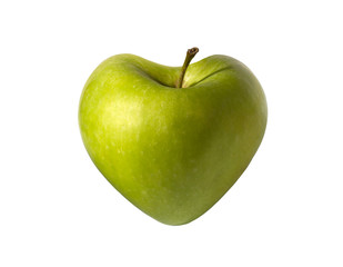 Green apple in heart shape, isolated on white background