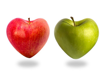 Red and green apples, heart shaped, isolated on white background