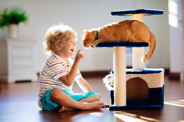 Child playing with cat at home. Kids and pets.