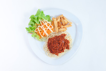 Spaghetti with sauce and salad and Fenfried