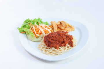 Spaghetti with sauce and salad and Fenfried