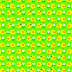 Easter chick pattern with tulips on green background
