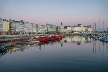 The harbour of A Coruna (Corunna), the second most populated city in Galicia, Northwestern Spain.  It is a busy port located on a promontory in the Golfo Artabro, on the Atlantic Ocean