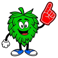 Hop Mascot with a Foam Finger  - A vector cartoon illustration of a Oktoberfest Hop mascot holding a Foam Hand.