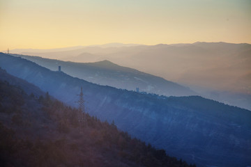 Georgian Mountains Silhouettes Sunset Light Landscape Panorama View