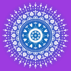 Abstract floral ornament mandala on yellow background. Festive folk illustration