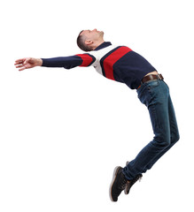 Side view of man in zero gravity or a fall.