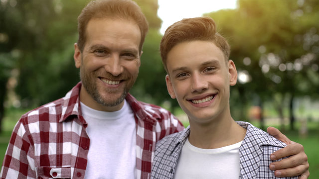 Father And Son Smiling And Looking At Camera, Teeth Health, Dentalcare Whitening