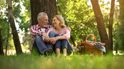 Happy elderly couple sitting on grass and enjoying romantic date, picnic in park