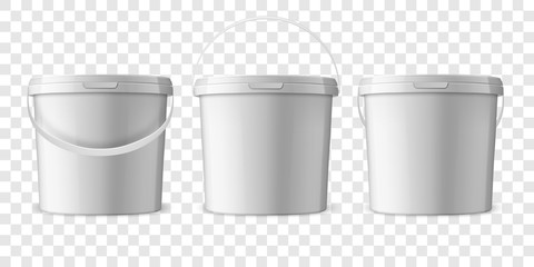 Vector Realistic 3d White Plastic Bucket for Food Products, Paint, Foodstuff, Adhesives, Sealants, Primers, Putty Set Isolated. Design Template of Packagin for Mockup. Front view