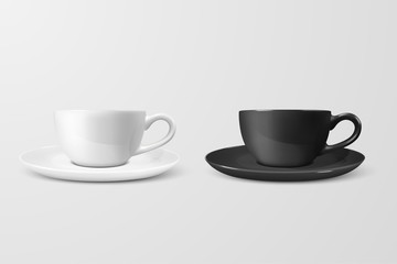 Realistic Vector 3d Blank White and Black Coffee Tea Cup, Mug Icon Closeup Isolated on White Background. Design Template of Porcelain Cup or Mug and Saucer Plate for Branding, Mockup. Front view
