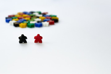 Small figures of man. Board games concept. Couple of leaders of community. Business strategy. Components of card games, friends, leisure, fun, money, decisions, society