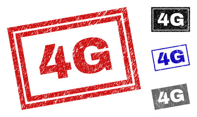 Grunge 4G rectangle stamp seals isolated on a white background. Rectangular seals with grunge texture in red, blue, black and gray colors. Vector rubber overlay of 4G title inside rectangle frames.