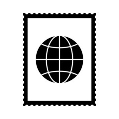 Obraz premium Postal stamp icon with globe picture. International postal stamp with perforation holes. Vector Illustration