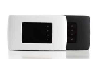 Two portable routers on a white background. 4g routers isolated on white background.