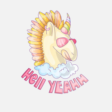 Cute unicorn colored. Unicorn with pink glasses, in cloud with words Hell Yeah on bottom. Colored horn and horse mane. Cute cartoon unicorn illustration