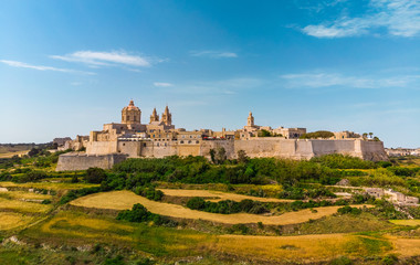 Aerial Landscape view of Mdina city - old capital of Malta country. Green fields and blue sky with clouds - obrazy, fototapety, plakaty