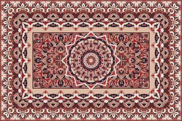 Vintage Arabic pattern. Persian colored carpet. Rich ornament for fabric design, handmade, interior decoration, textiles. Red background. - 250319130