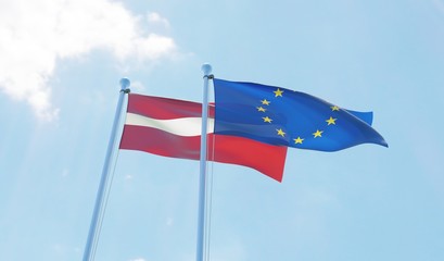 Latvia and EU, two flags waving against blue sky. 3d image