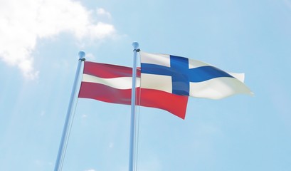 Latvia and Finland, two flags waving against blue sky. 3d image