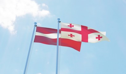 Latvia and Georgia, two flags waving against blue sky. 3d image